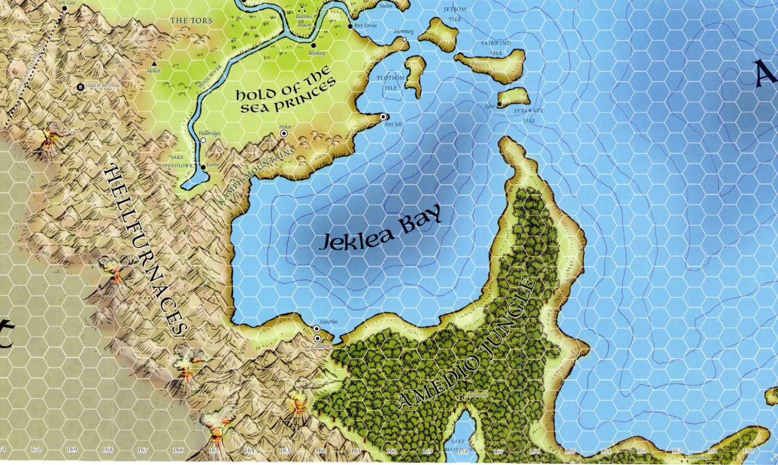 Greater areas around Cauldron showing Jeklea Bay, Hold of the Sea Princes, Sasserine and the surrounding region