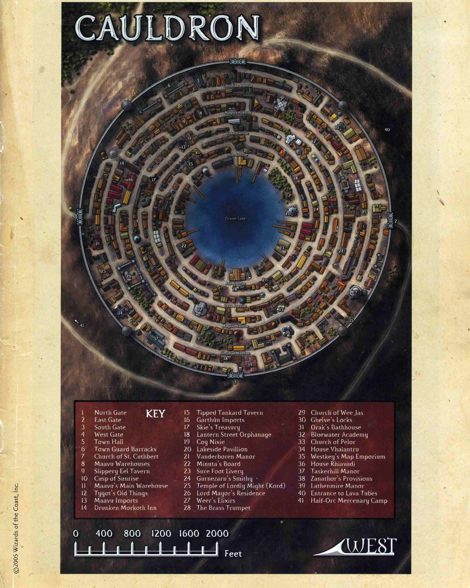 Map of Cauldron showing the concentric ring districts, Crater Lake, and all numbered locations